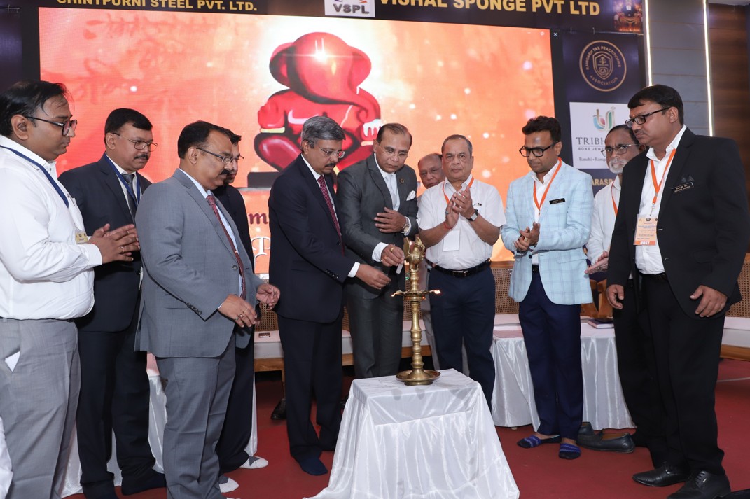 Lighting of the lamp during Inaugural Session: Left to Right: Conference Secretary Suraj Prasad, Conference Co-Chairman Anand K Hetamsaria, President of Ramgarh Tax Practitioners Association Vivek Agarwal, Patron Suresh Pd Agarwal, Conference Chairman Mahesh P Sinha, Zone Chairman Smit Sourabh, Chairman of Golden Conference Committee Vivek Agarwal, National Jt. Secretary Devesh Poddar, State Coordinator Ajay Kumar, Zone Secretary Niraj Kumar Nayak, Speaker Sunil Agrawal
