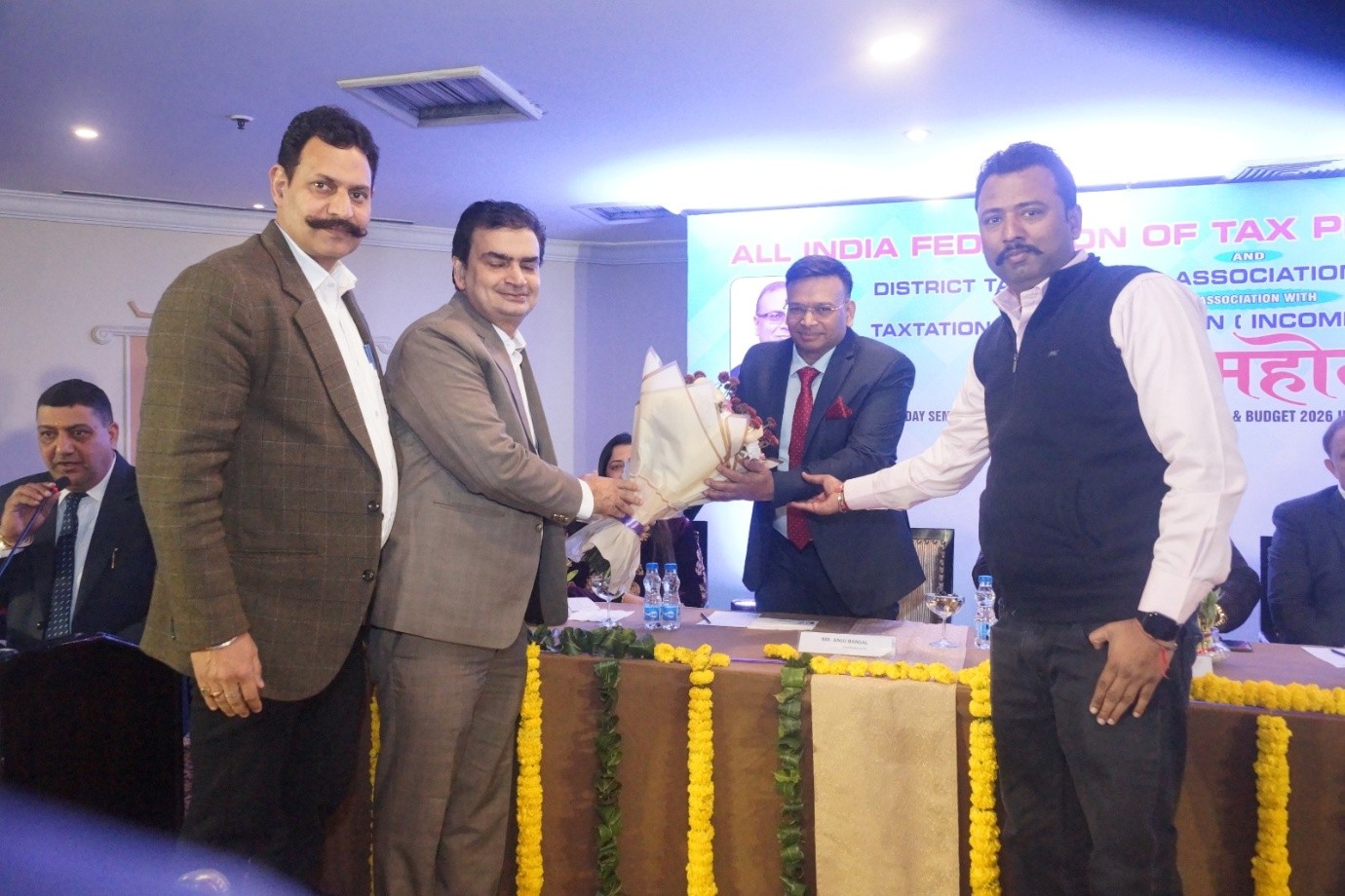 Left to Right: 1. Sh. Rupesh Bhardwaj 2. Sh. Ashok Bhardwaj 3. Adv. Anuj Bansal, Chairman, AIFTP (NZ) 4. Sh. Rupinder Dhand