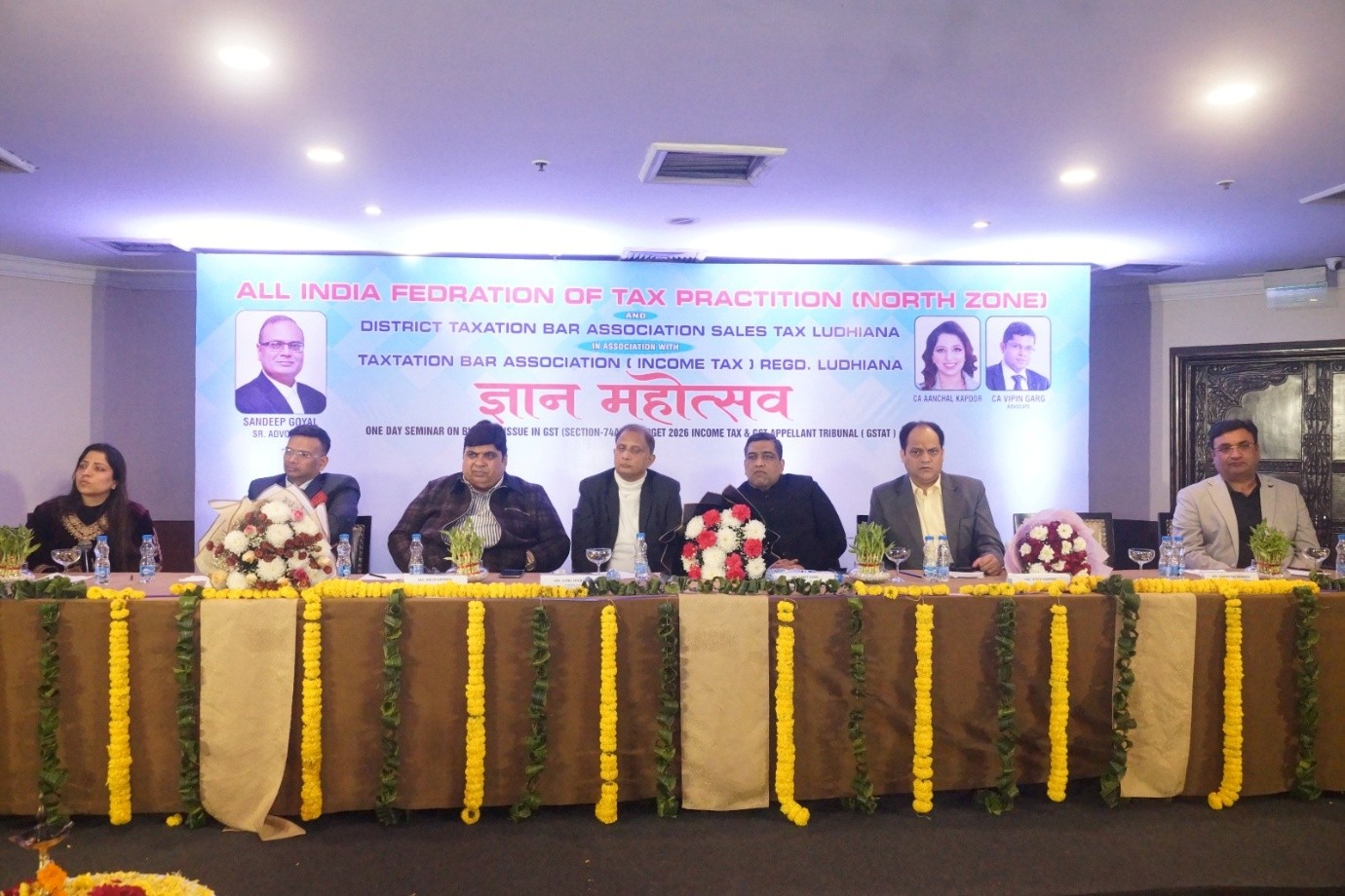 Left to Right: 1. CA Aanchal Kapoor, Speaker 2. Adv. Anuj Bansal, Chairman, AIFTP (NZ) 3. Adv. Arun Kanwal 4. Adv. Sunil Sharma 5. Adv. Saket Garg 6. Adv. Vivek Sharma 7. Adv. Amit Dixit