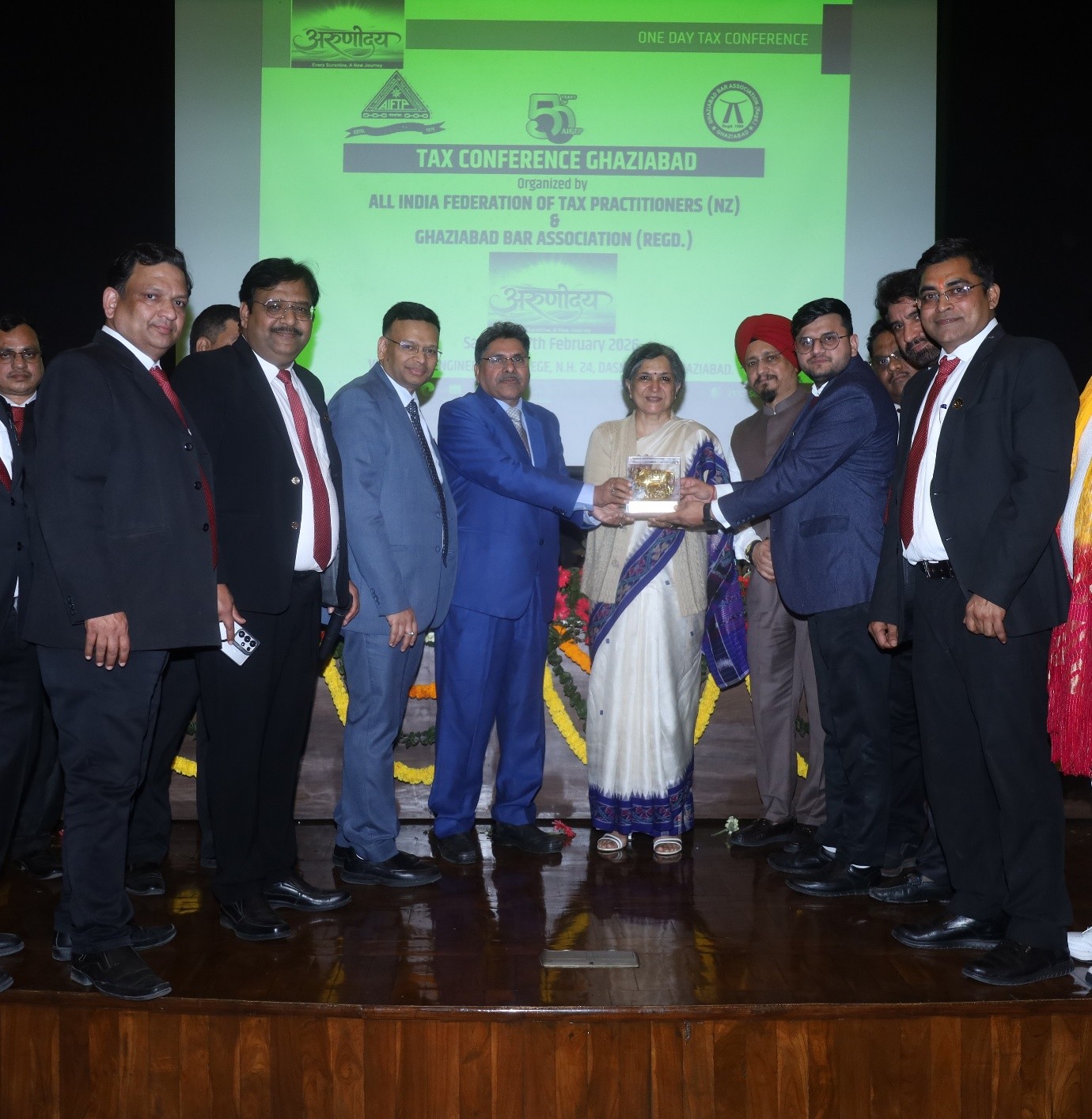 Left to Right: 1. Adv. Ashish Aggarwal, Joint Secretary, AIFTP (NZ) 2. Adv. Vikas Vats, President, GBA and Secretary, AIFTP (NZ) 3. Adv. Anuj Bansal, Chairman, AIFTP (NZ) 4. Dr. Sanjay Kumar Chandhariyavi, Judicial Member GSTAT, Ghaziabad 5. Ms. Sungita Sharma, Technical Member, GSTAT Ghaziabad 6. CA Rajender Arora, Vice President, Sales Tax Bar Association, Delhi 7. Adv. Manoj Verma, Vice President, GBA