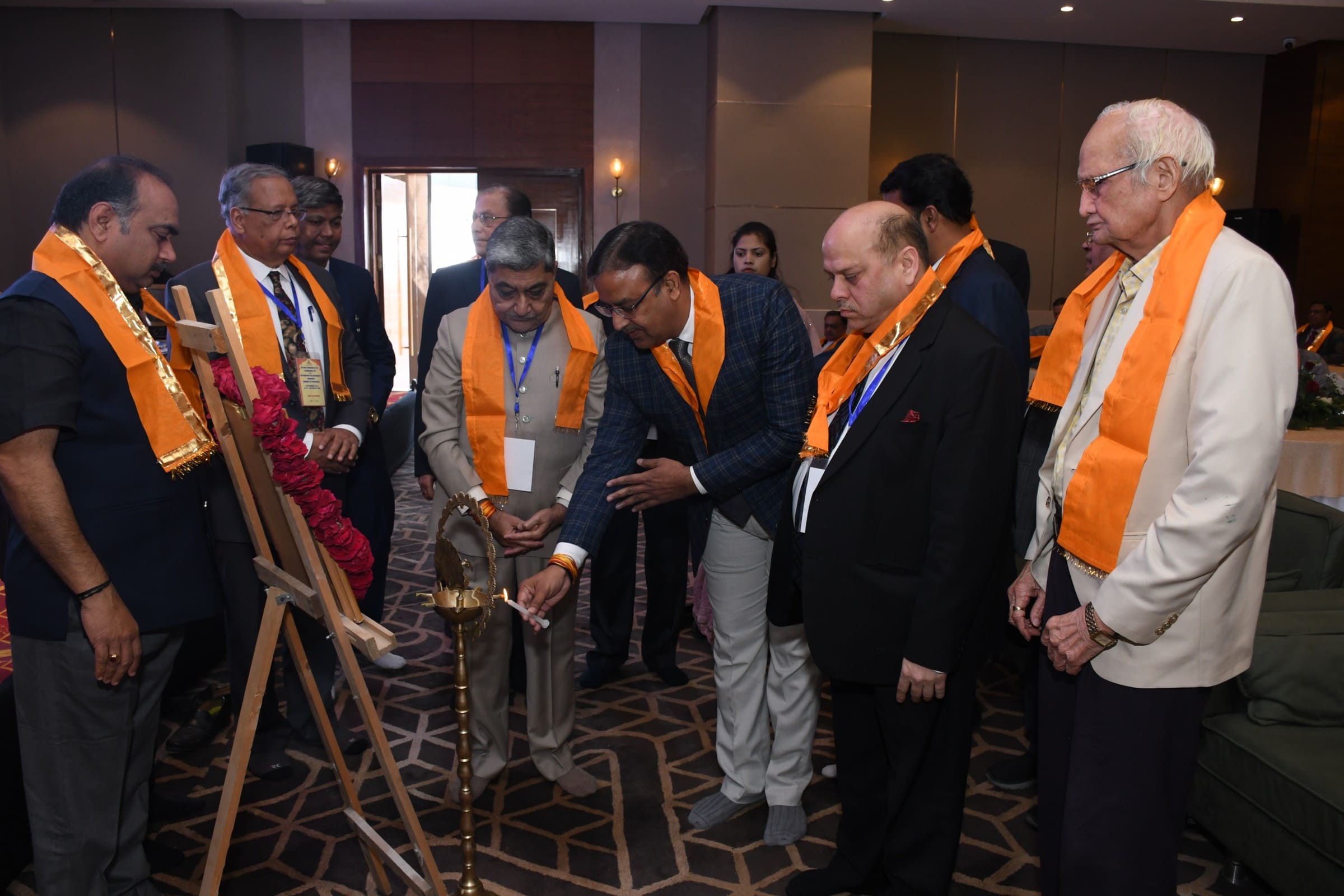 Shri Praveen Kumar Mishra, Chief Guest inaugurating the conference by lighting of lamp. Also seen S/Shri Samir Jani, National President, AIFTP, M. L. Patodi, M. Srinivasa Rao and Pankaj Ghiya, Past Presidents, AIFTP.
