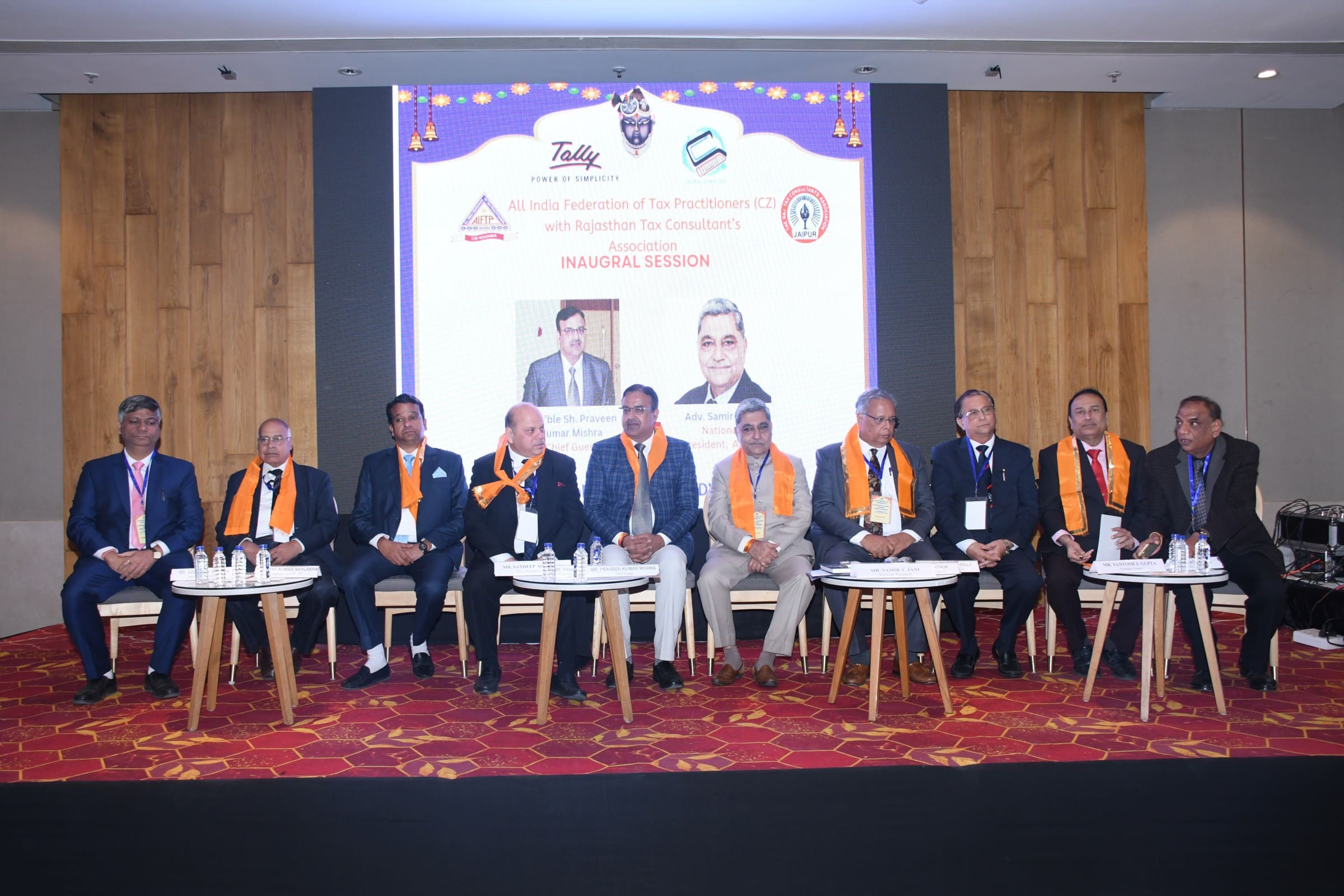 Inauguration Session: Seen from Left to Right S/Shri Abhisekh Sharma, Hon. Secretary, AIFTP – CZ, Vijay Navlakha, Chairman, AIFTP – CZ, Sandeep Agarwal, National Vice President, AIFTP – CZ, Pankaj Ghiya, Chief Advisor and Past President, AIFTP, Praveen Kumar Mishra, Chief Guest, Samir Jani, National President, AIFTP, Anil Mathur, Conference Chairman, Vinay Kumar Jolly, President, RTCA, Santosh Gupta, Secretary General, AIFTP and Ratan Goyal, Secretary, RTCA.