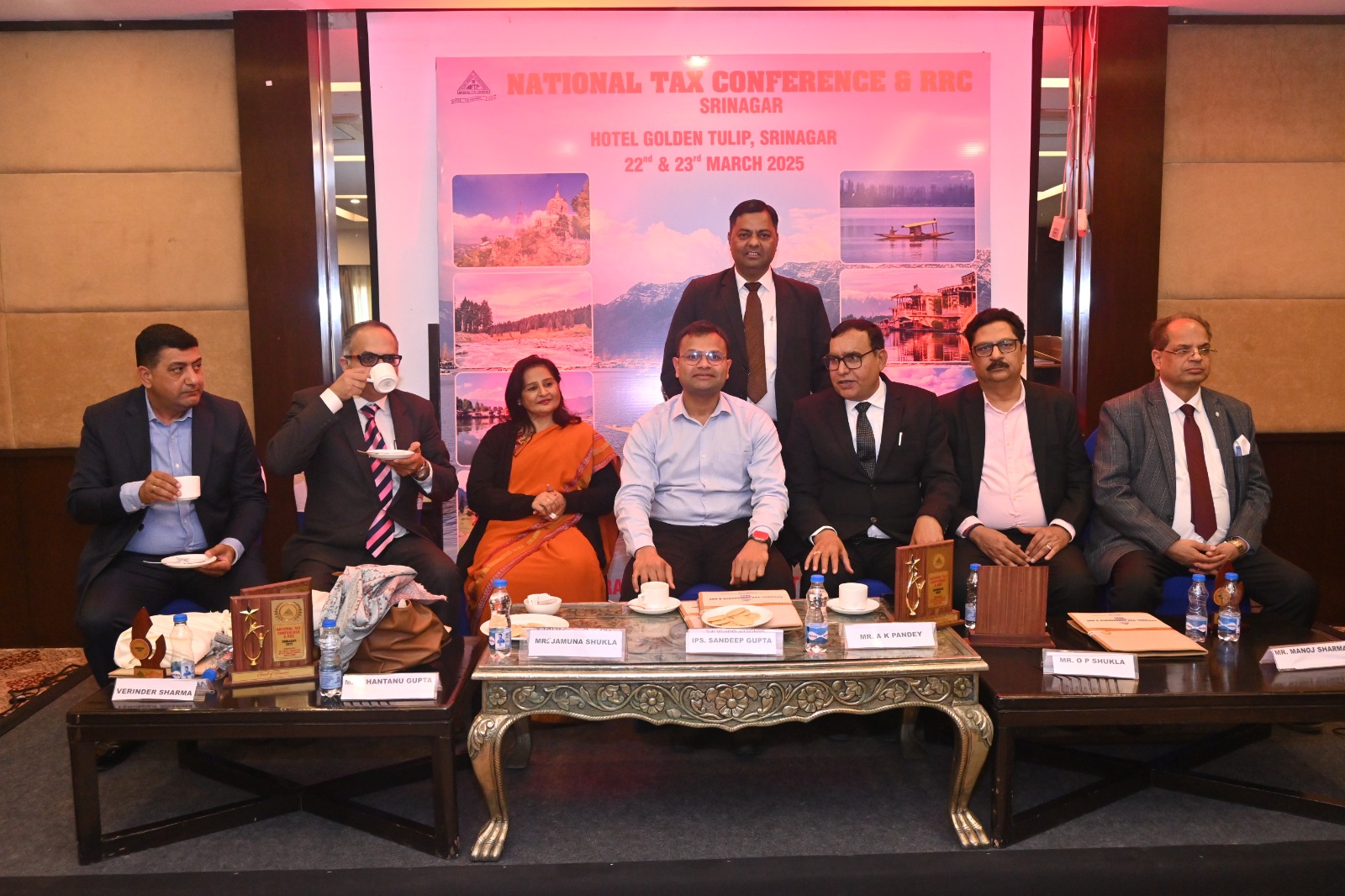 Inaugural Session: Seen from Left to Right S/Shri Varinder Kumar Sharma, Shantnu Gupta, Conference Chairman, Jamuna Shukla, Past Secretary General, AIFTP, Sandeep Gupta, IPS, SSP, Chief Guest, Anand Kumar Pandey, Chairman, AIFTP (NZ), Arvind Soni, O. P. Shukla, National Vice President (NZ) & Manoj Sharma, Hon. Secretary, AIFTP (NZ) (Standing).