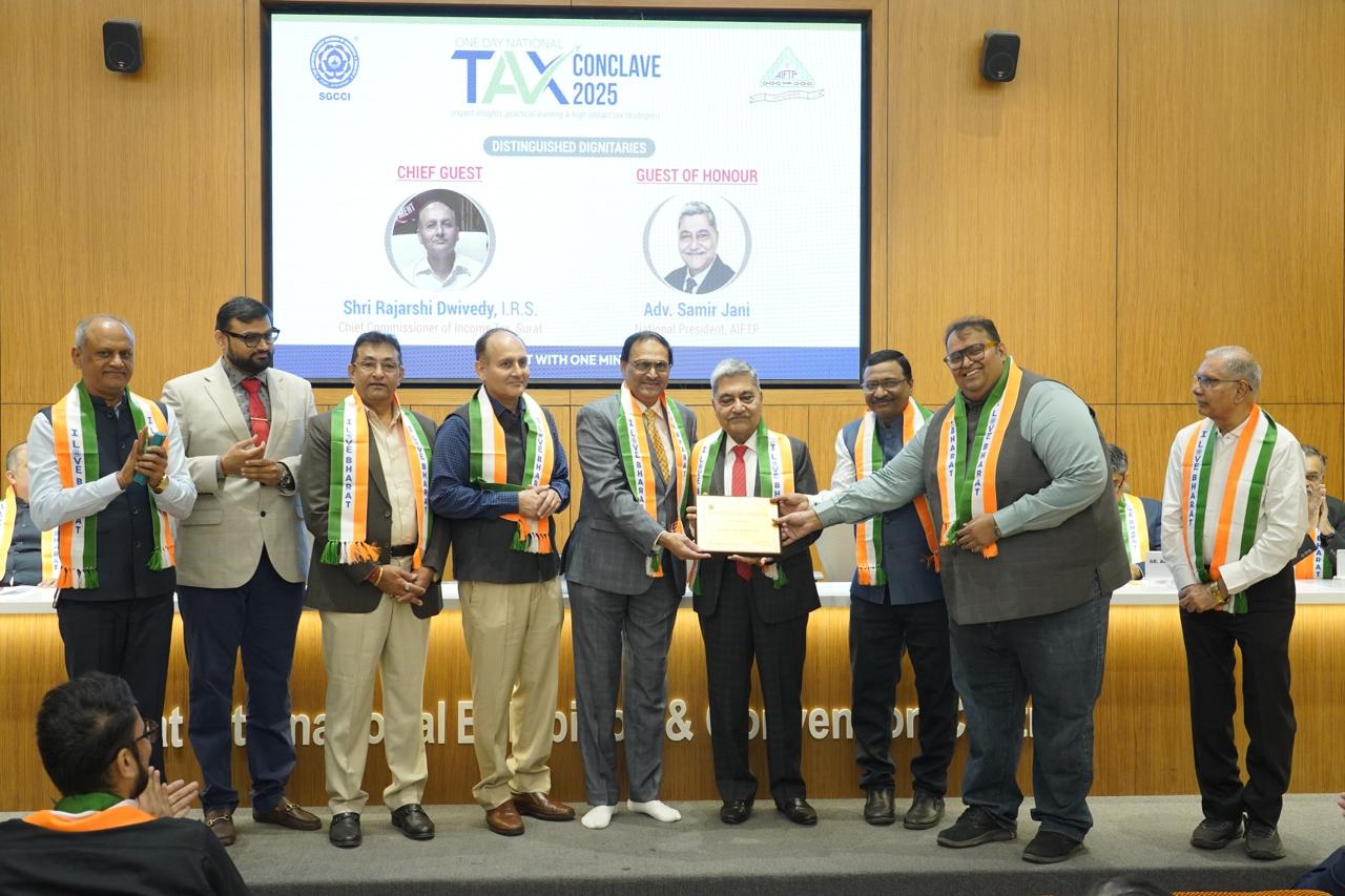 Felicitation of Shri Samir S. Jani, National President, AIFTP (2025). Seen from Left to Right S/Shri Ramesh Vaghasia, Past President, SGCCI, CA. (Adv.) Akshay Modi, Vice Chairman, AIFTP (WZ) (2025), Vijay Mevawala, Imm. Past President, SGCCI, Rajshree Dwivedi, Pr. CCIT, Surat - Chief Guest, CA. Mitish S. Modi, Treasurer, SGCCI and Past Chairman, AIFTP (WZ), Adv. Samir Jani, NP, AIFTP (2025), Bijal Jariwala, Hon. Secretory, SGCCI, Adv. Sachin Gandhi, Chairman, AIFTP (WZ) (2025) and CA. P. M. Shah, Past President, SGCCI.